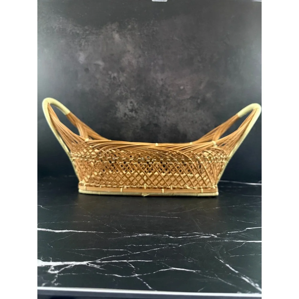 VTG Open Weave Bohemian Wicker Rattan Peacock Basket 21X11X9